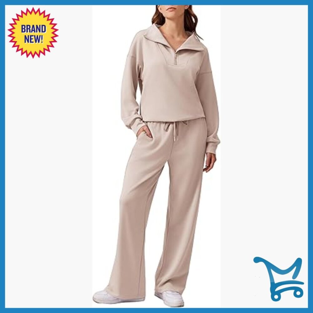 Oversized Half-Zip Sweatshirt & Wide-Leg Sweatpants Set, Lightweight Stretch